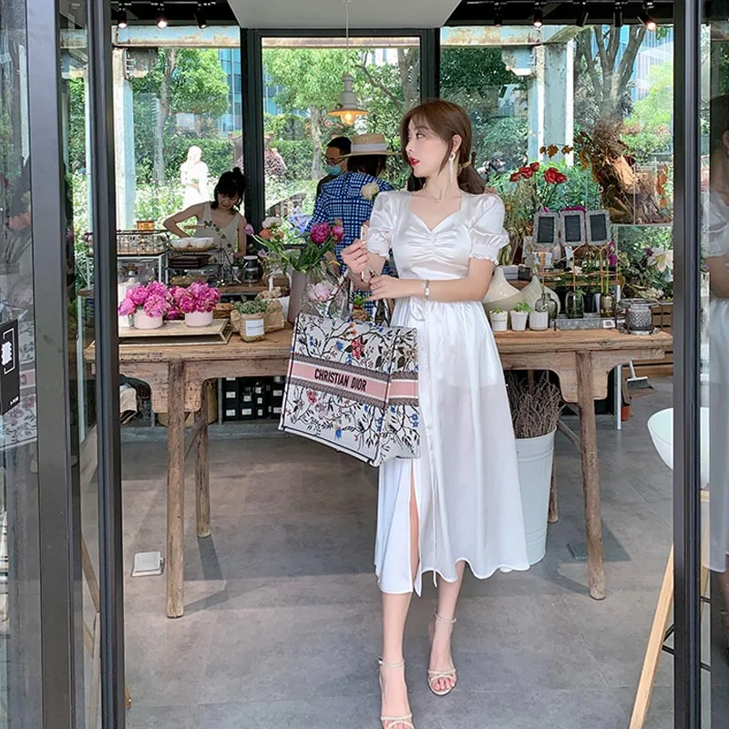 

One-Piece Korean Dress French Sexy Split Dress Office Lady Casual Puff Sleeve Designer Party Dresses 2020 Women's Summer Autumn