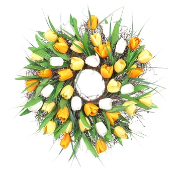 

Light Yellow Wall-Mounted Rattan Simulation Tulip Wreath Long Leaf Tulip Wreath Home Decoration