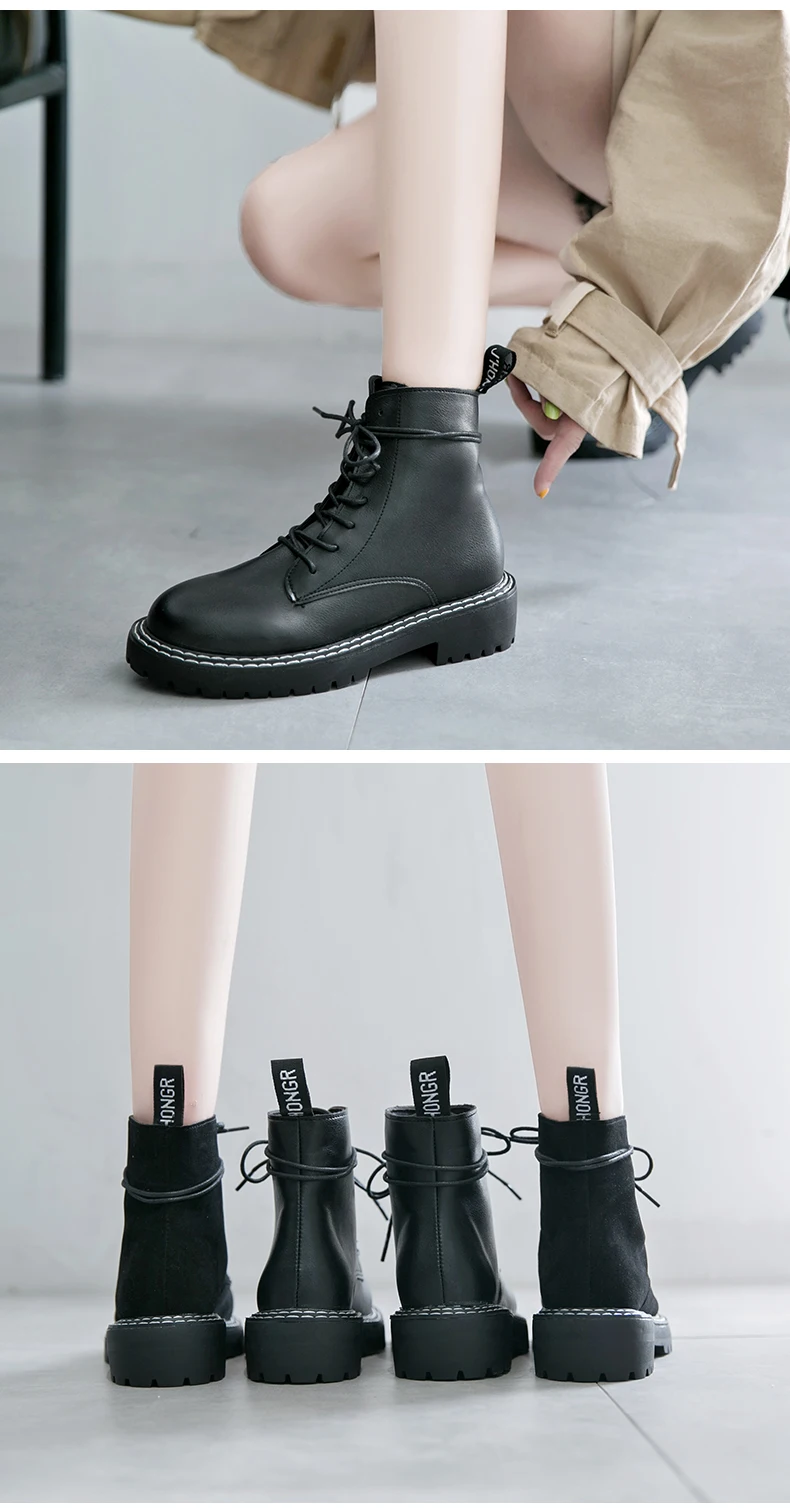 Bootee/ женские ботинки на низком каблуке; ботинки черного цвета; женские Ботинки Martin; женские ботинки до середины икры на шнуровке с круглым носком на резиновой подошве