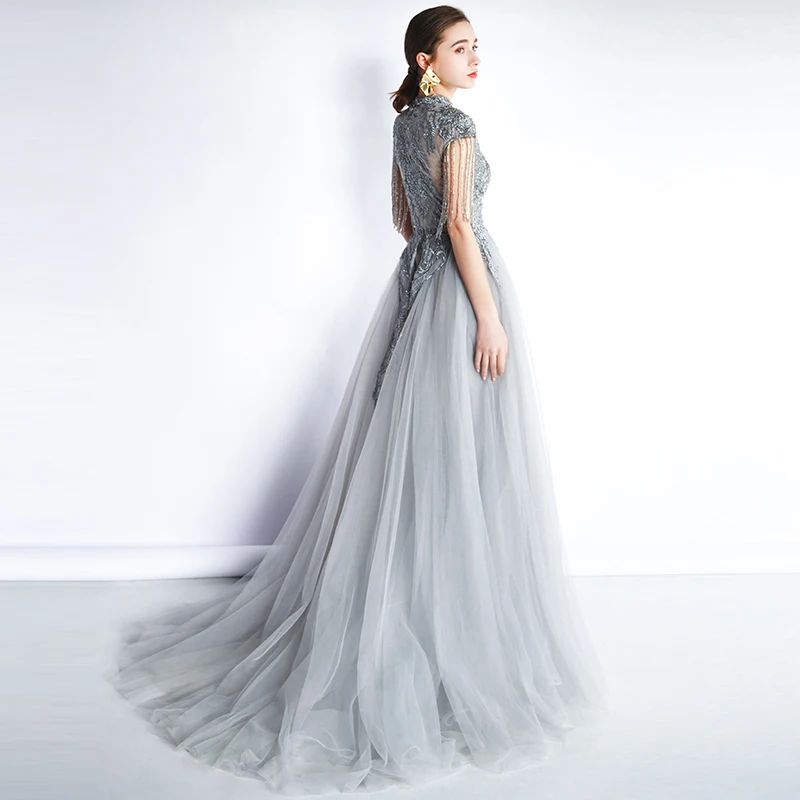 vestido de festa серое длинное платье для выпускного вечера es вечерние платья с высоким вырезом Женская официальная Аппликация из бисера Русалка платья для выпускного вечера