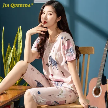 

Casual Style Fashion Sleepwear Soft Crew Neck Cartoon Printing Short Sleeve Pajamas Set Pjs Pj Set Woman Clothes Woman Pajamas