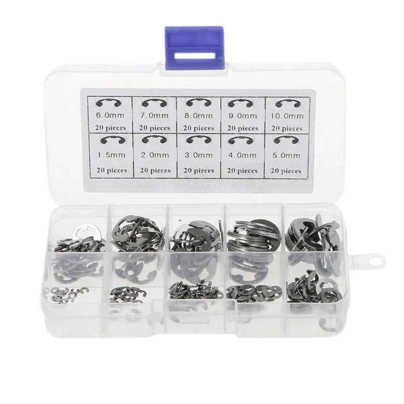 

Promotion! 200Pcs Stainless Steel E Clip Washer Assortment Kit Circlip Retaining Ring for Shaft Fastener M1.5-M10