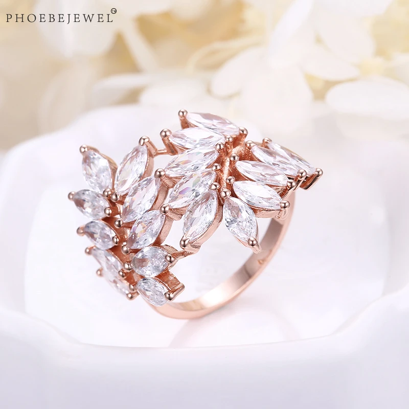 PHOEBEJEWEL новый лист цвета розовое золото женские кольца с прозрачным AAA кубическим