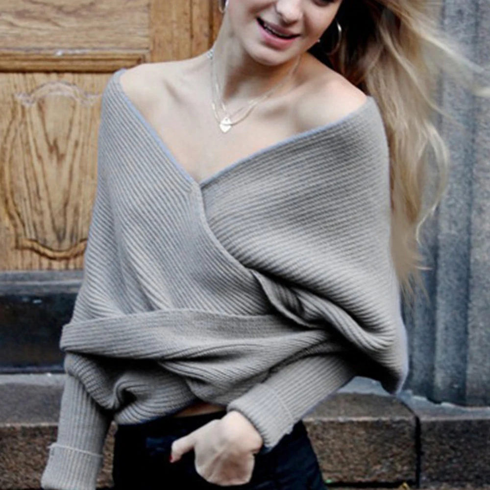 Осенний вязаный свитер с v-образным вырезом трикотаж запахом модные свитера 2019