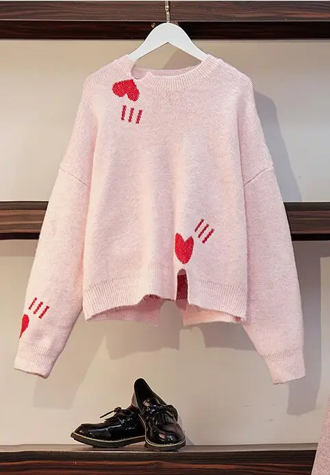 sweater В стиле преппи, свободное трикотажное платье-свитер с узором в виде сердца топ+ шерстяная мини-юбка трапециевидной формы, женский модный комплект из 2 предметов, розовая юбка, комплект - Цвет: sweater