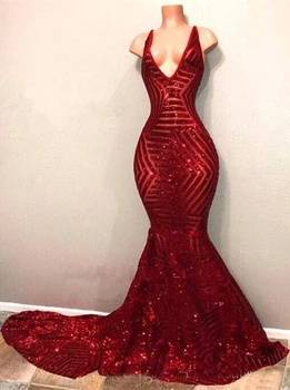 

Red Blingbling Sequins Prom Dresses 2020 Sleeveless Mermaid Plunging V Neck Black Girl Prom Dresses Evening Party Gowns