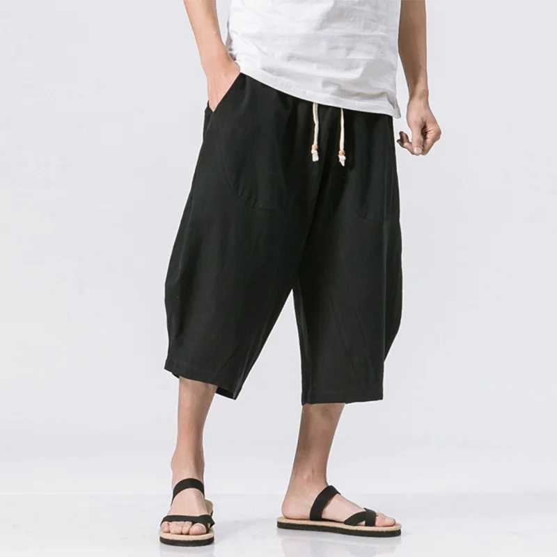 

Man Linen Cropped Cross Pant Trouser Men Casual Wide-Legged Bloomers Summer Male Traditional Nepal Trousers