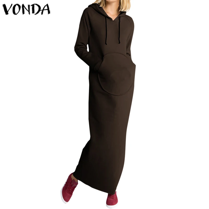 VONDA/осеннее Однотонное Платье макси с длинным рукавом для беременных; повседневные свободные толстовки; свитшот с капюшоном; платья; вечерние платья