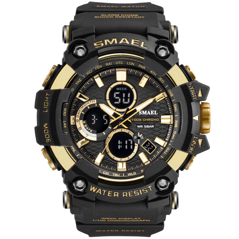 Gold Спортивные часы Dual Time Мужские часы 50 м водонепроницаемые мужские часы военные часы для мужчин 1802D шок Resisitant спортивные часы Подарки - Цвет: Gold