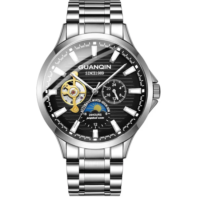GUANQIN брендовые классические мужские модные часы автоматические механические часы с турбийоном из натуральной кожи водонепроницаемые деловые наручные часы - Цвет: F