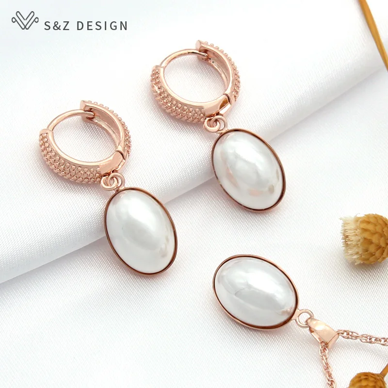 S&Z DESIGN Elegant Red Egg Shape Imitation Oval Pearl Dangle Earrings Necklace Jewelry Sets For Women Wedding Party Jewelry