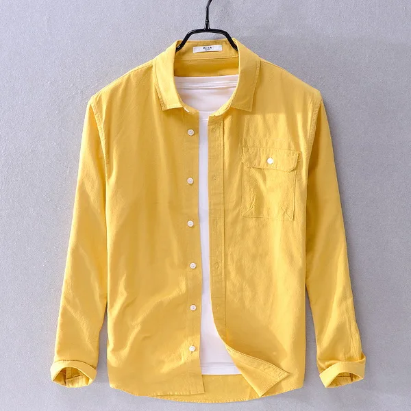 yellow Новая Осенняя и весенняя брендовая мужская рубашка с длинными рукавами, повседневные рубашки для мужчин, модная удобная рубашка, мужские однотонные рубашки, Мужская сорочка - Цвет: yellow