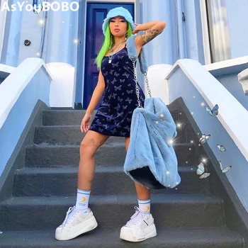 

2020 Vintage uf style Butterfly pattern velvet strapless spaghetti strap blue mini dresses women female YQ-1120