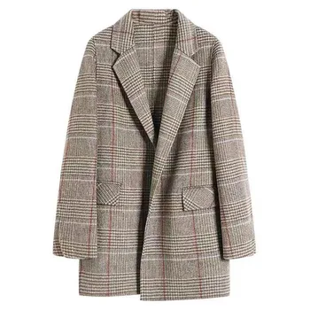 

LISM Autumn The New Thickened Warm Latticed Lapel Wool Coat Loose Retro Medium and Long Double-sided Wool Plaid Suit Coat 2019