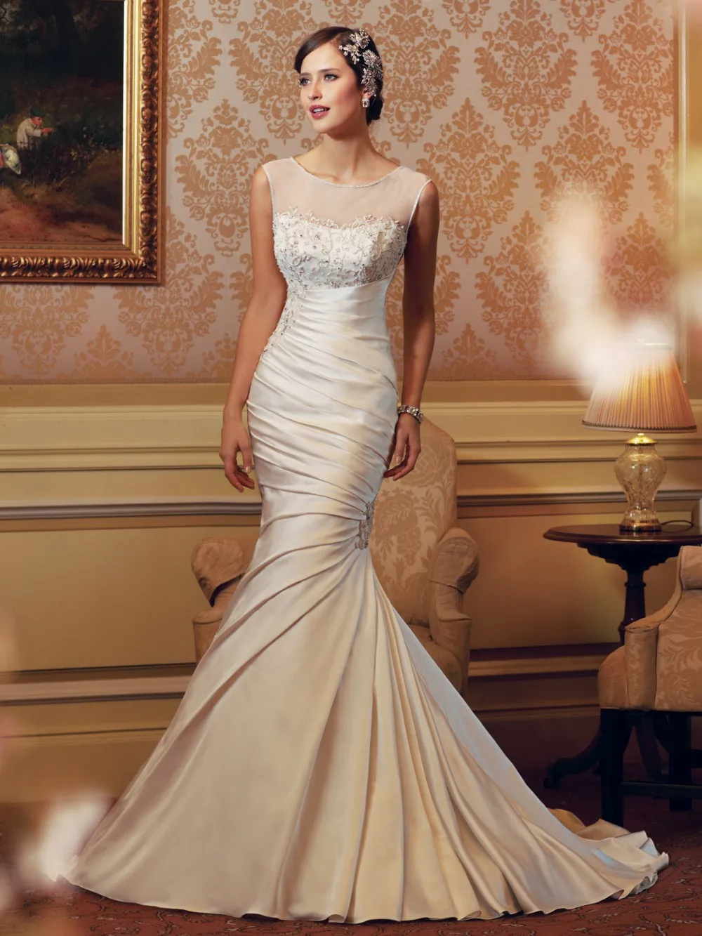 Nova senhora elegante vestidos de noiva sereia colher манга Кепка с аппликацией nupcial vestidos personalizado-feito cetim DY-12