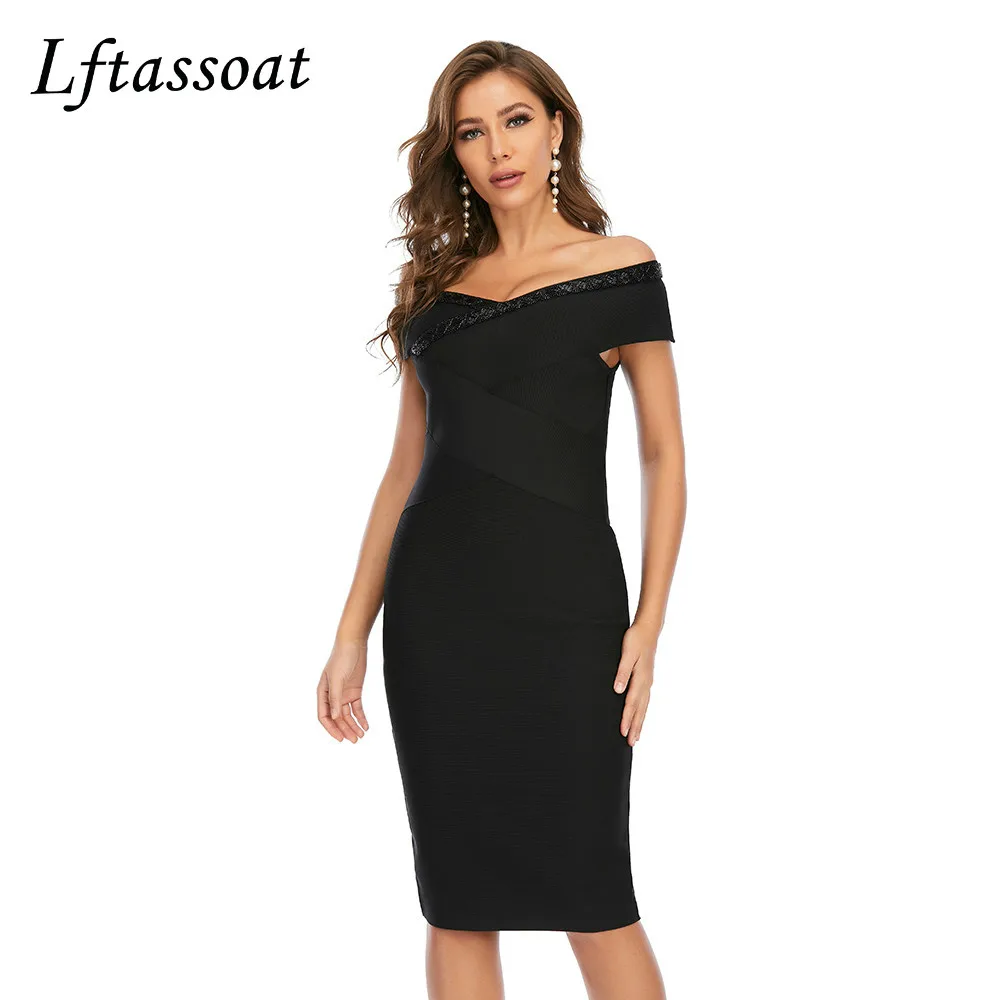 

New Luxury Summer Off Shoulder Bandage Dress Women 2021 Sexy Short Sleeve Midi Bodycon Club Celebrity Evening Runway Party Dress