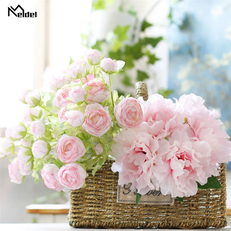 

White Silk Artificial Rose Peony Flowers Bouquet 5 Heads Bridal Bouquet Flowers for Wedding Small Craft Fake Flowers Home Decor