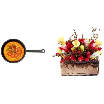 

2 Pcs 1/12 Dollhouse Miniature Accessories: 1 Pcs Multicolor Flower Bush with Wood Pot & 1 Pcs Mini Pizza with Skillet