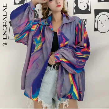 

SHENGPALAE 2020 New Spring And Summer Fashion Women Clothing Turn-down Collar Batwing Sleeves Printed Sunrise Cardigan WA708