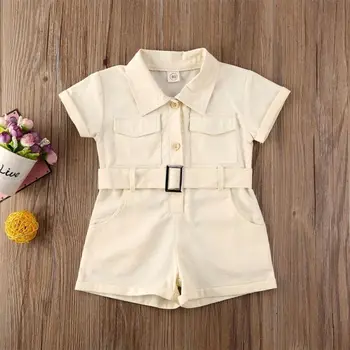 

1-6 Years Girl Rompers Solid Pink Beige Kid Baby Girl Summer Clothes Short Jumpsuit Belt Rompers For Girl Short Playsuit Sunsuit