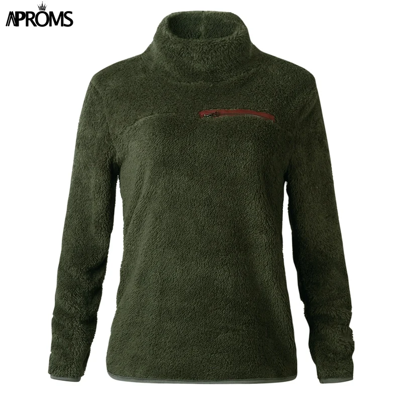 Aproms Soft Teddy Turtleneck Hoodies Women Casual Solid Zipper Sweatshirt Pullover Cool Girls Streetwear Warm Tracksuits Jumper
