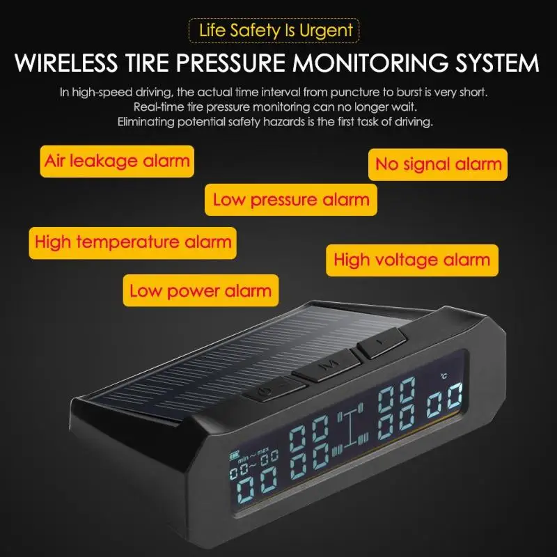 Solar Car Truck TPMS LCD Wireless Tire Pressure Monitoring Alarm System with 6 External Sensors