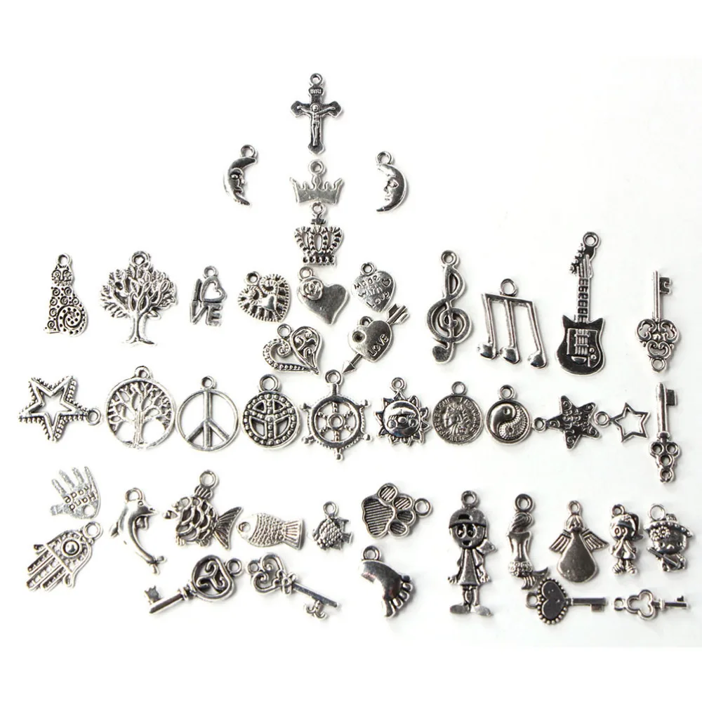100pcs/lot Mixed Antique Silver Color Charm Pendants European Bracelets DIY Jewelry Making Findings Fashion Charms Handmade