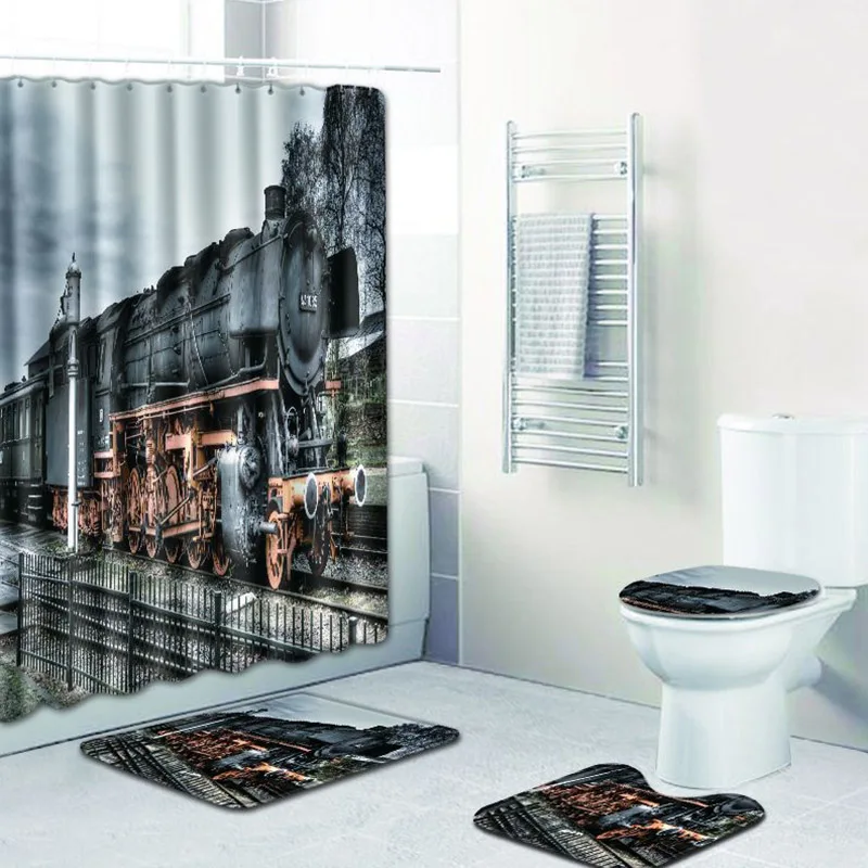 

4pcs/set Train Print Waterproof Shower Curtain Polyester Fabric Bath Curtain Washable Home Bath Decor Curtains With 12 Hooks