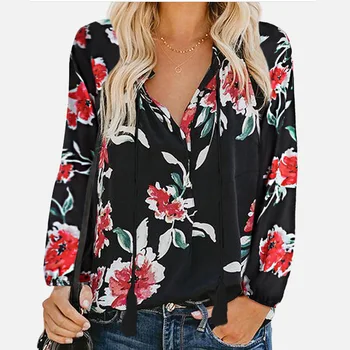 

Women's Floral Print V-neck Blouse Long Lantern Sleeve Drawstring Boho Women's Shirt 2019 Autumn Lady Shirts Plus Size Vintage
