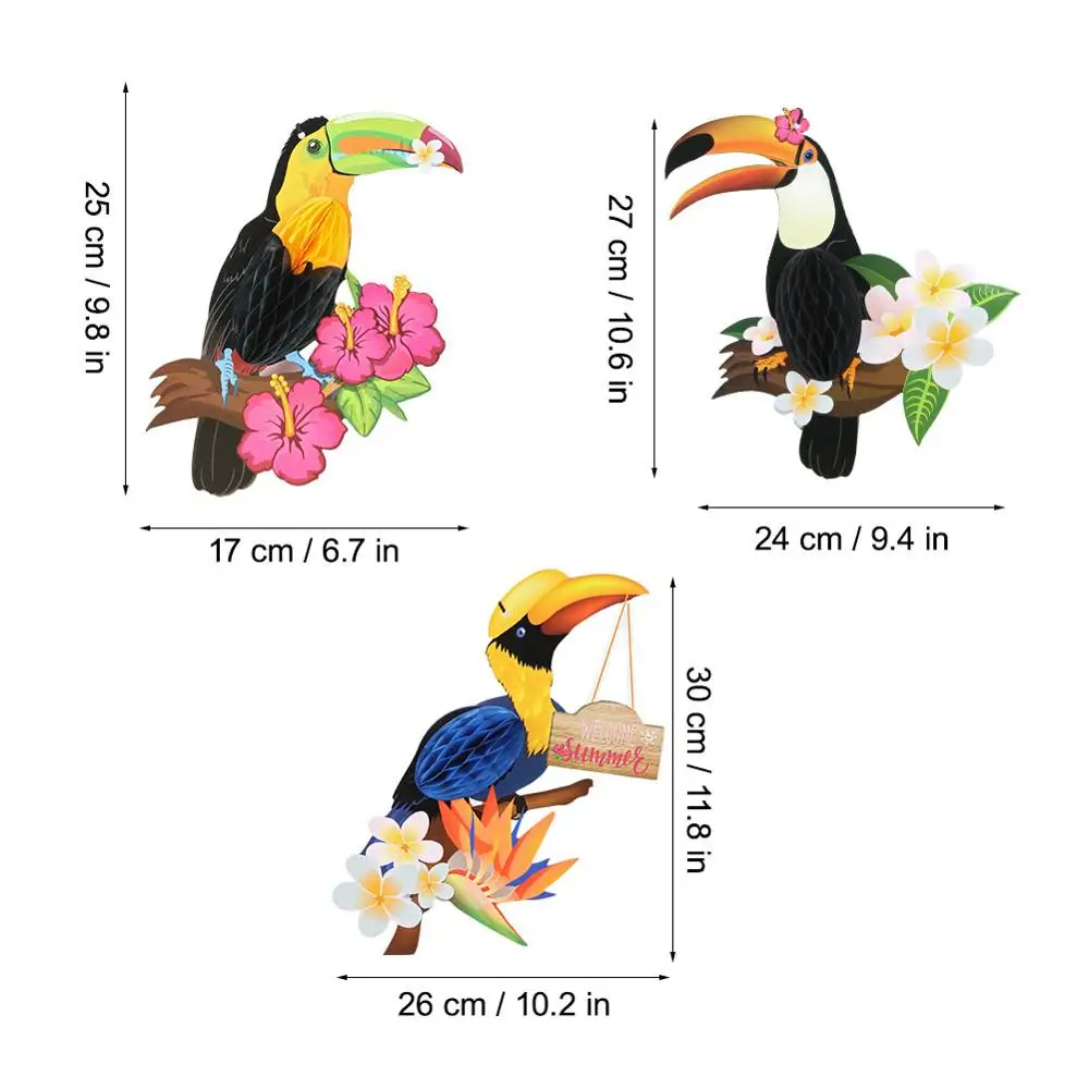 Tropical Birds Party Paper Cutouts for Summer Luau Tiki Hawaiian Beach Pool Wedding Birthday Party Ornament 3 Pcs Hanging Toucan Paper Fans with Lanterns Tropical Bird Toucan Paper Fans Decorations