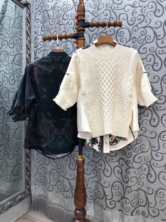 

2019 Early autumn new women's round collar back embroidery stitching knitted short-sleeved 100-tie knitted shirt 805