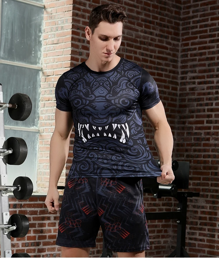 Kurzärmliges, eng anliegendes Sport-Fitness-T-Shirt für Herren, hochwertige Trainingskleidung, elastische, eng anliegende Kleidung – Detail 9