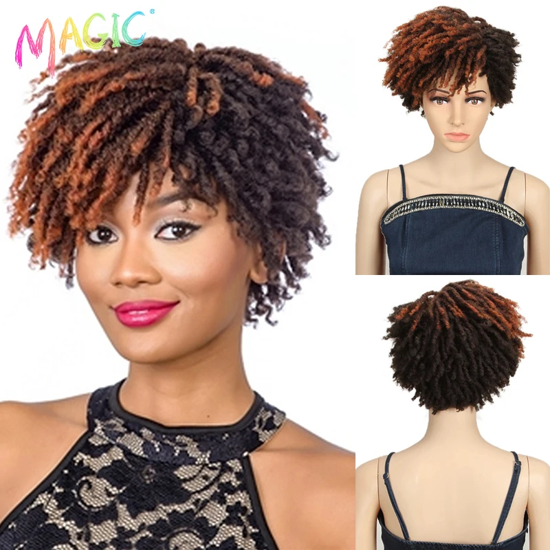 Magic 10 Inches Synthetic  Afro Kinky Curly Wig Short Dreadlock Wig With Bangs Ombre Black Blonde  Crochet  Wig for Black Women synthetic light blonde wig with bangs pixie cuts short wigs for women natural hair female cosplay mommy wigs