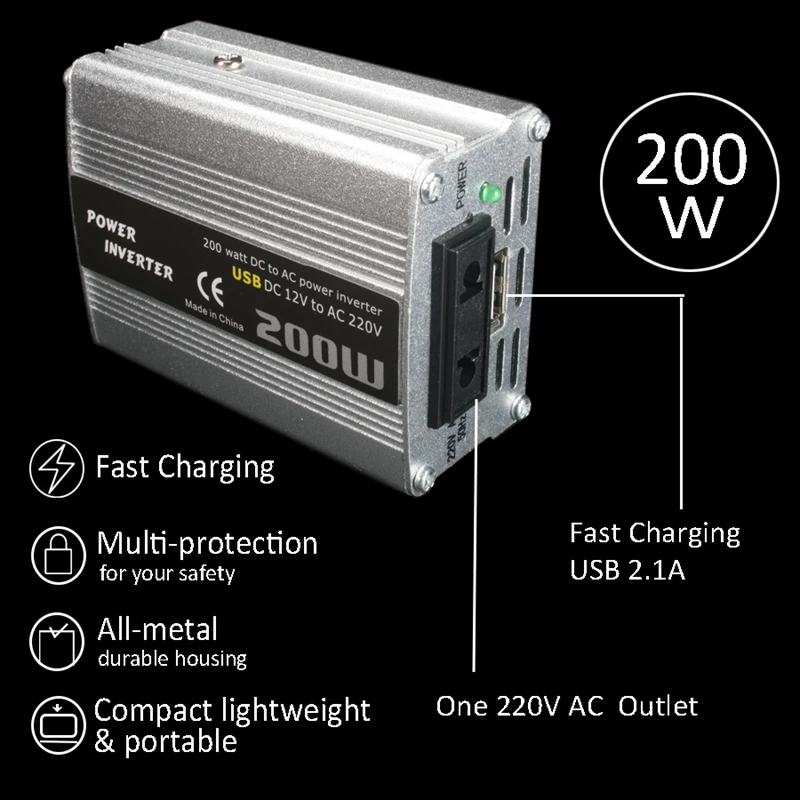 200W автомобильный инвертор питания Dc 12V в Ac 220V конвертер адаптер зарядного устройства с двойным USB автомобильный усилитель мощности-серебро