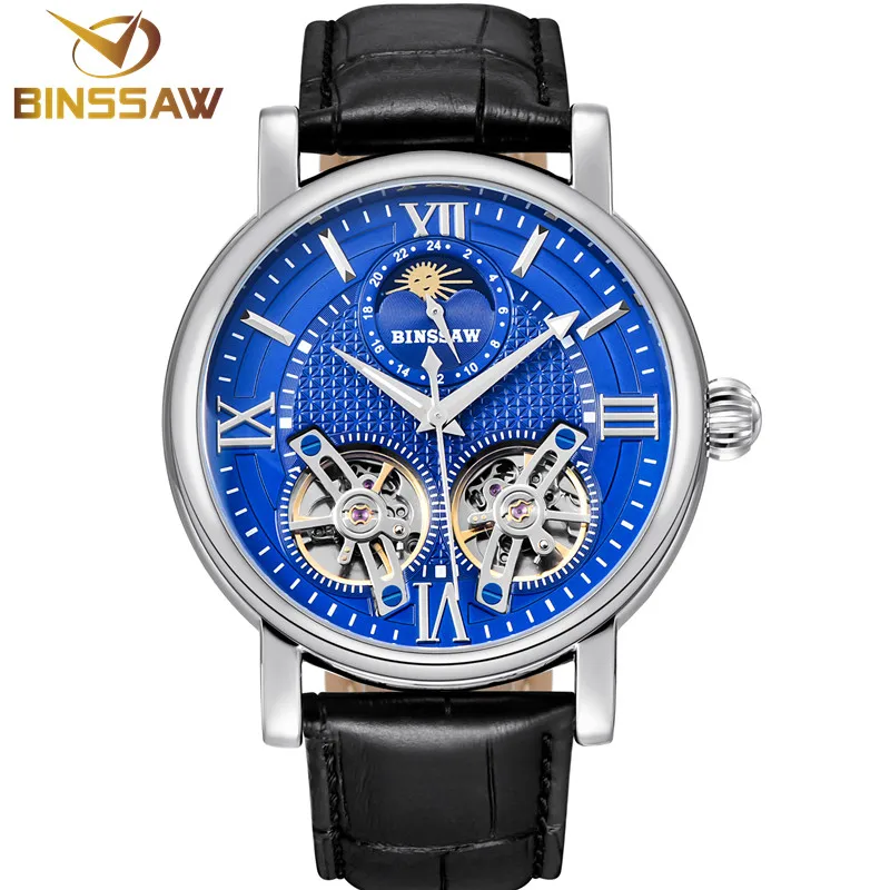 

BINSSAW Nieuwe Tourbillon Automatische Mechanische Mannen Horloge Originele Mode Luxe Merk Lederen Zakelijke Horloges Relogio Ma