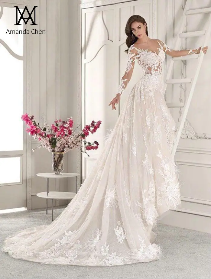 Robe Mariage с длинными рукавами с кружевной аппликацией; прозрачная платье с расширенным съемным подолом, свадебное платье