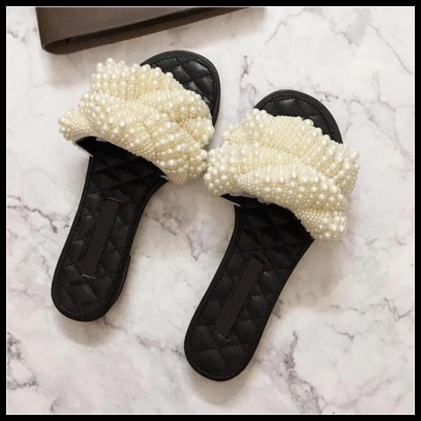 

2019 New Women Slippers Espadrille Slide Sandal Mule Designer Shoes Brand Pearl Design Woman Summer Flat Genuine Leaather Shoes