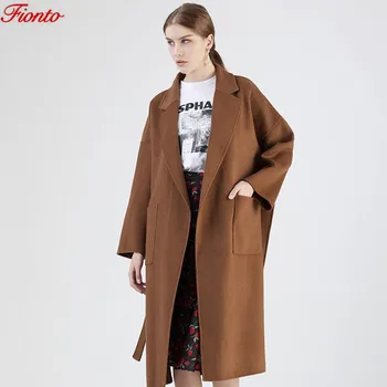 

Autumn Winter Fashion New Office Lady Elegant Long Coat Woolen Coat Fall Winter Minimalist Women Coat Lacing Top ZF11179