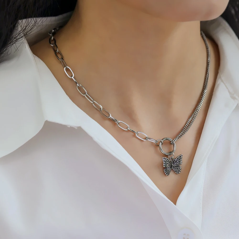 Punk Vintage Butterfly Necklace Heart Queen Pendant Clavicle Chain Trendy Titanium Stainless Steel Short For Female | Украшения и