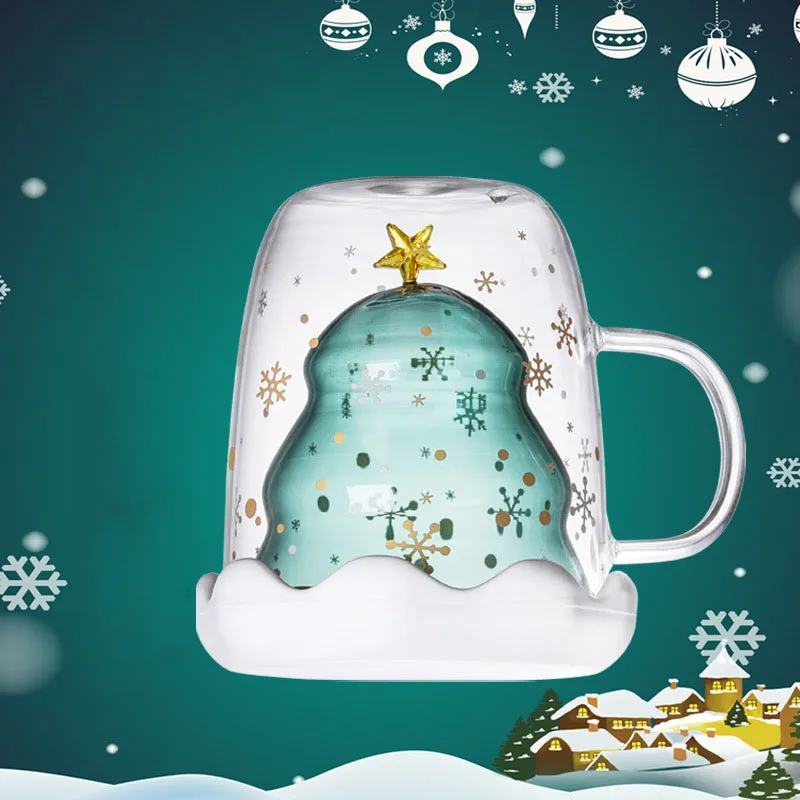 300ml Double-Layer Christmas Glass Cup Tree Star Water Cup Explosion-proof Insulation Mug Christmas Gifts