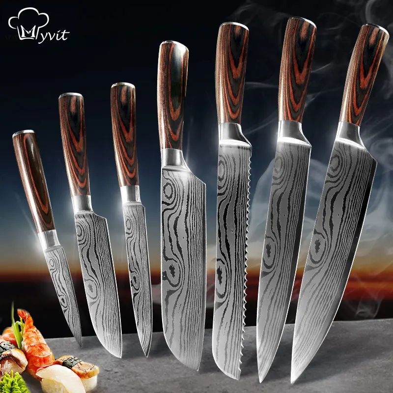 

Myvit Kitchen Knives Set 7CR17 440C High Carbon Stainless Steel Damascus Drawing Gyuto Chef Cleaver Set Slicer Santoku Knife