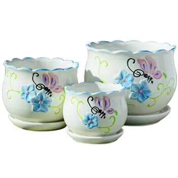 

3 sets of pots ceramic large hanging orchid with tray meat and greens simple household small meaty flower pot WY101811