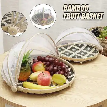 

Handmade Bamboo Woven Bug Proof Wicker Basket with Gauze Panier Osier Round Dustproof Picnic Fruit Tray Food Bread Dishes Cover