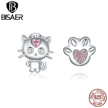 

BISAER Stud Earrings 925 Sterling Silver Cat Paw Footprint Pink Zircon Tiny Earrings For Women Fine Animal Jewelry Gift HVE389