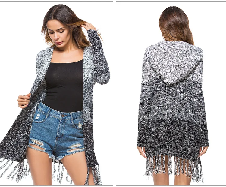 Осенне-зимний женский вязаный кардиган средней длины большого размера, свитер с бахромой, Женский вязаный кардиган