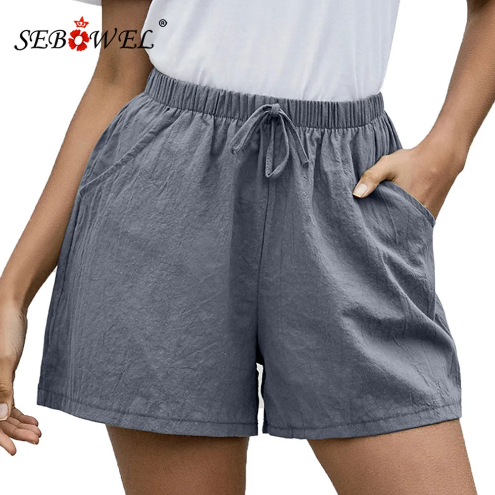 

SEBOWEL Shorts Women 2020 Summer Casual Loose Wide-leg Drawstring Short Pants Female Linen High Waist Shorts Clothes Size S-XL