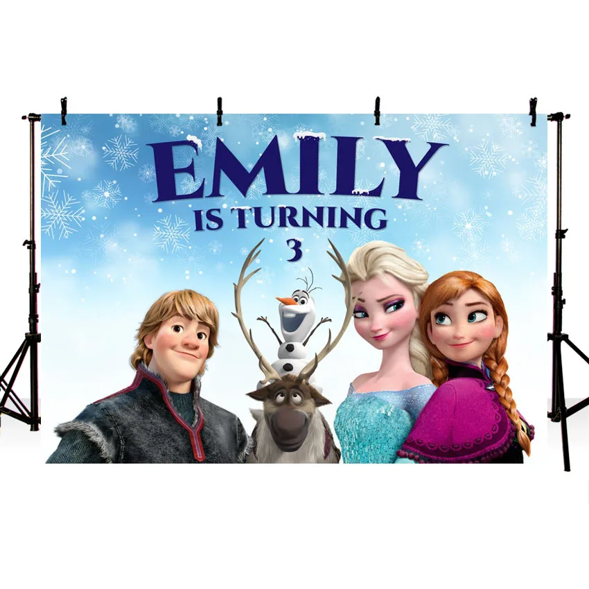 

Frozen Anna Elsa Olaf Theme Backdrop Background Custom Name Age Photography Photo Vinyl Birthday Party Decoration Kids Girls