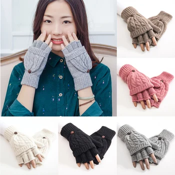 

1 Pair Soft Half Finger Mittens Gloves Knitted Thicken Artificial Wool Thermal Autumn Winter Women Hand Warmer Flip Gift