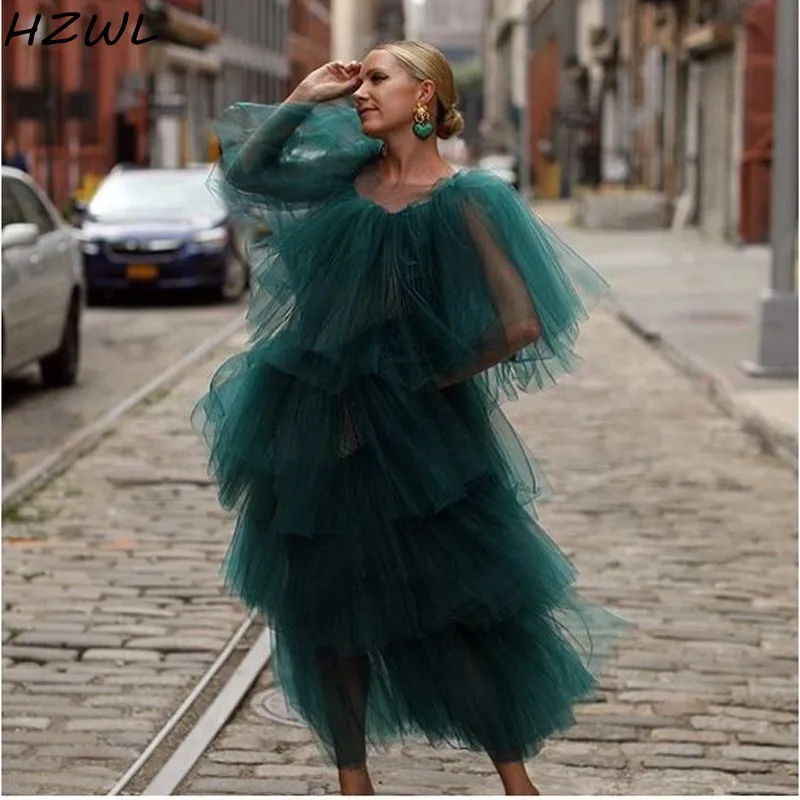 

Hunter TUTU Tulle Evening Dresses Half Sleeves Illusion Hunter Prom Dress Tiered Layered Halloween Plus Size Party Gowns Cheap