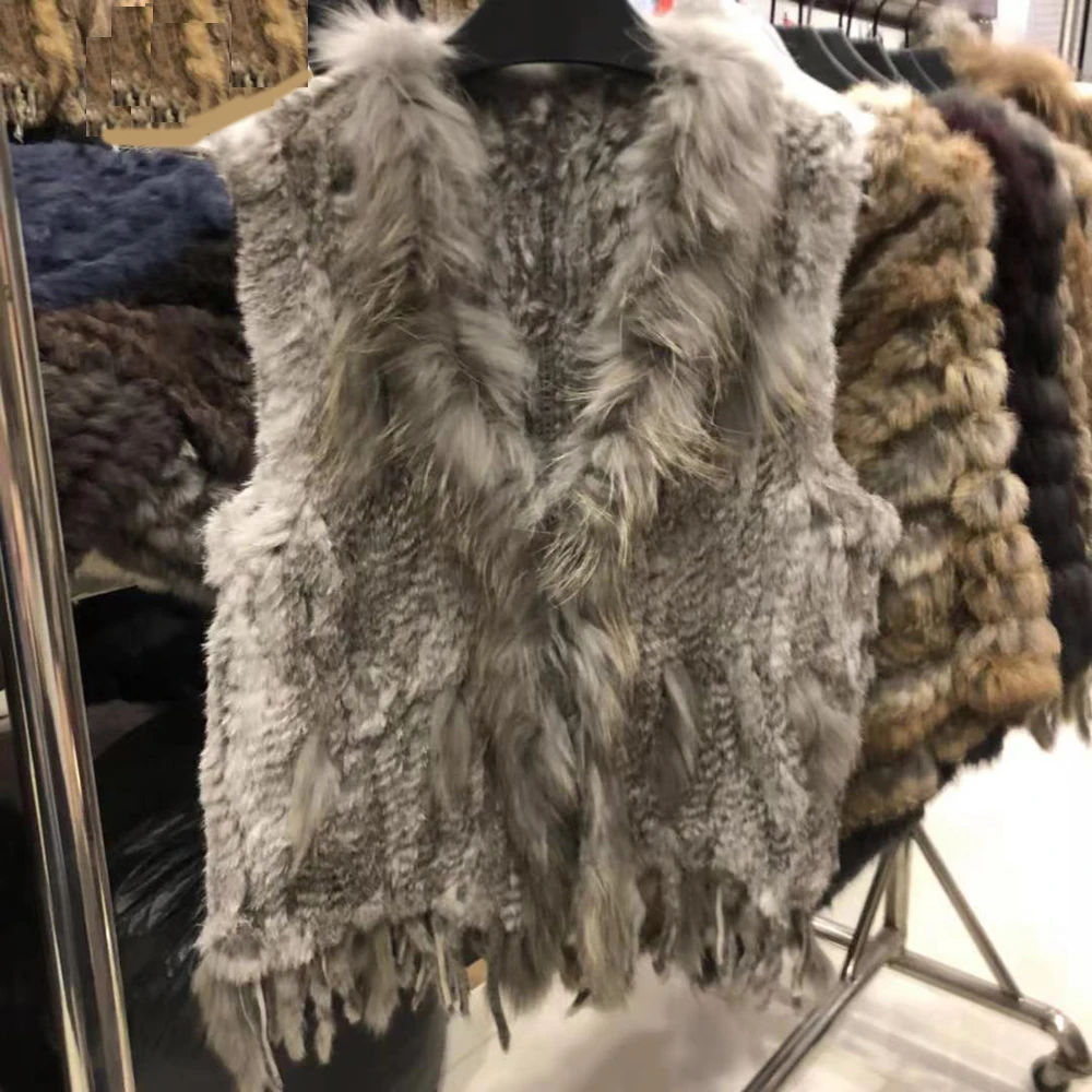 

Wholesales Women Genuine Knitted Rabbit Fur Tassels Raccoon Fur Trimming Vests Grey Color Bust 100 cm V-neck streetwear Gilet